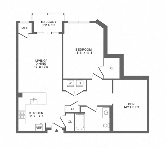 one bedroom, den, balcony