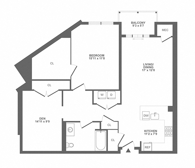 large one bedroom, den, balcony