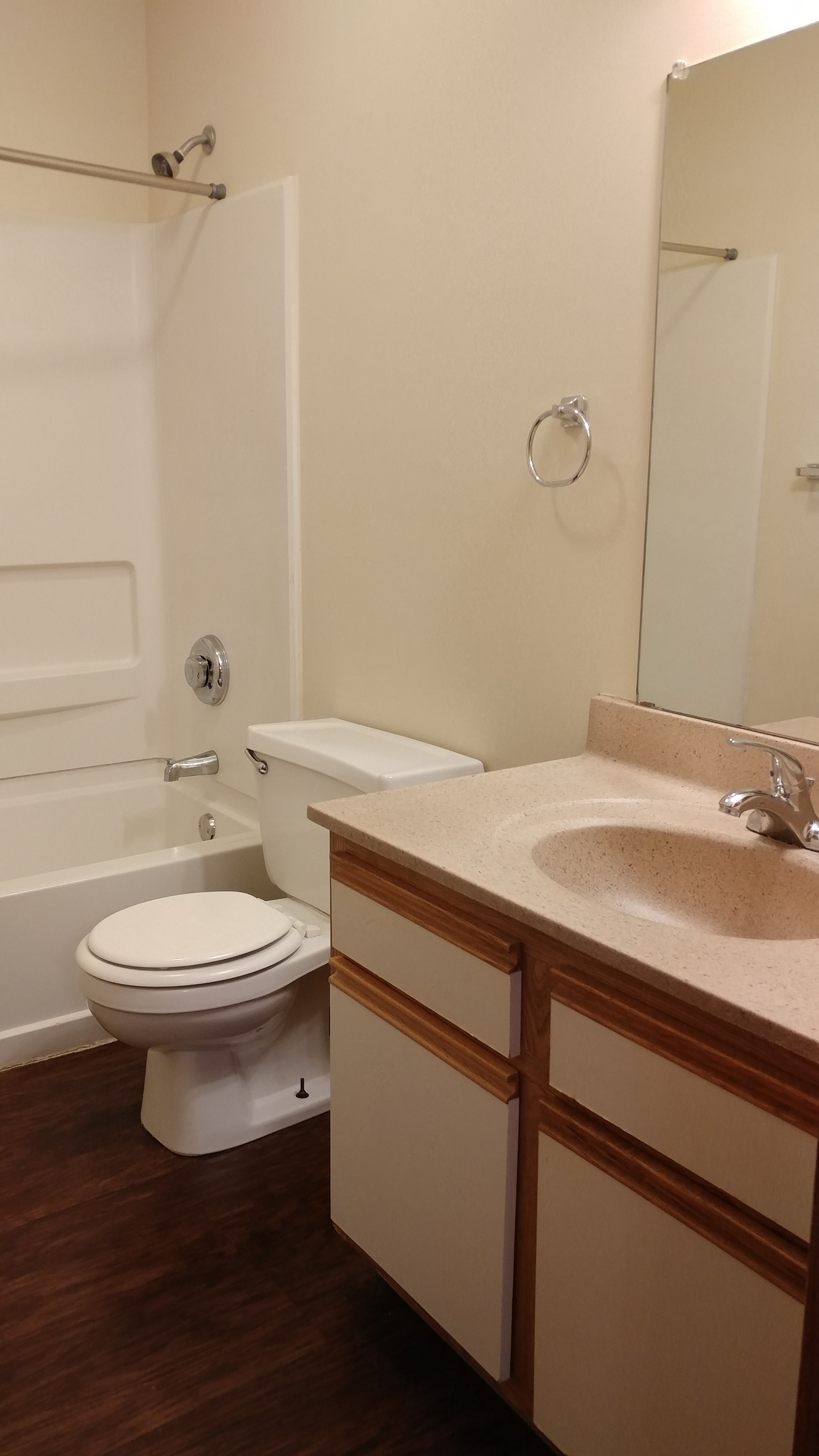 Image of bathroom with vanity, mirror, toilet, and tub
