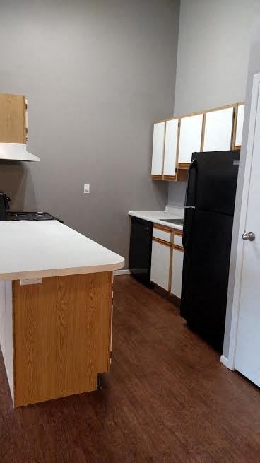 a kitchen with a black refrigerator and a white counter top