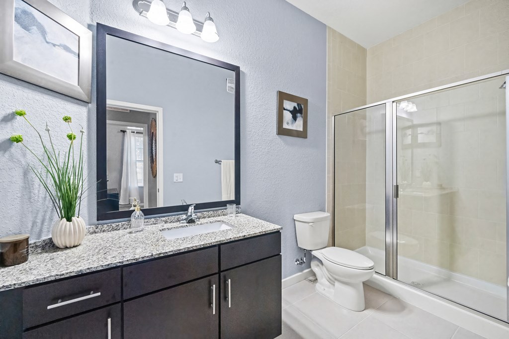 A bathroom with a sink, mirror, toilet, and a shower.