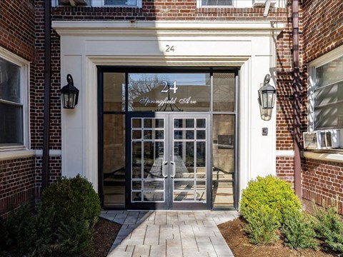 The entrance to a building with a glass door and a sign that reads "24 Springfield Ave.".