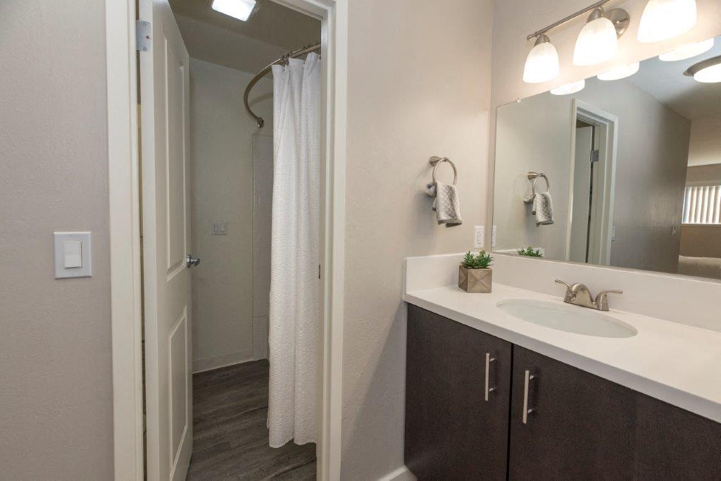 Parkside Apartments bathroom vanity and shower