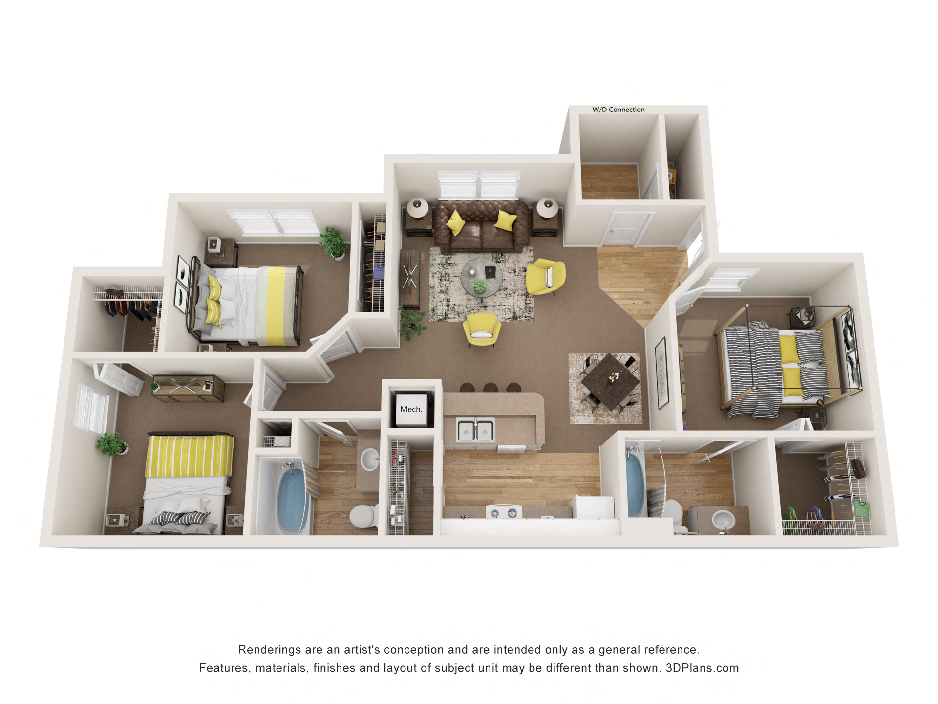 3BD/2B Floor Plan at Oak Glen Apartments, Orlando, FL, 32808