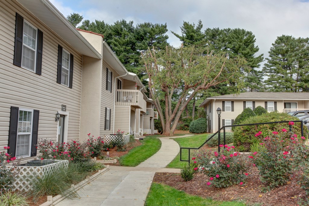 a walkway between two apartment buildings with flowering plants