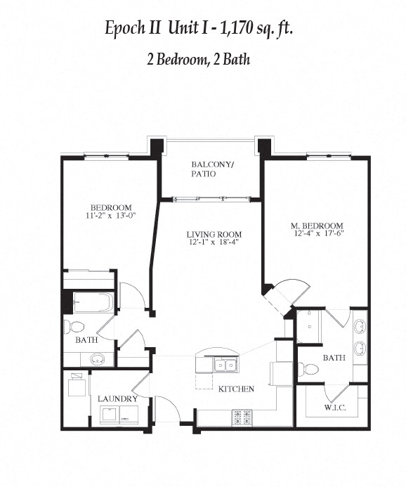 A floor plan of a 1,170 square foot apartment with two bedrooms and two baths.