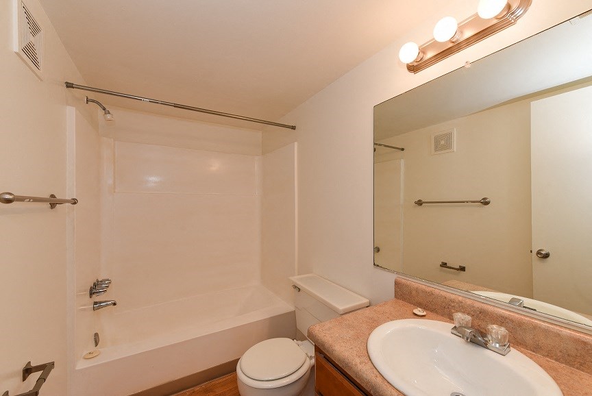 a bathroom with a sink toilet and shower and a mirror