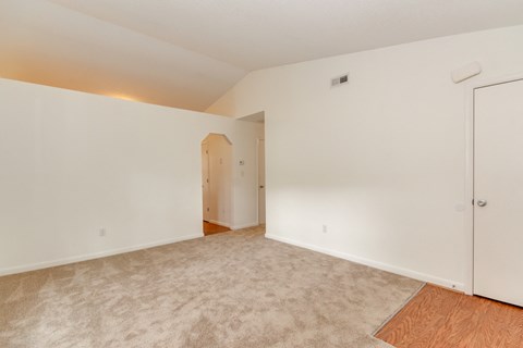 an empty living room with white walls and a door to a closet