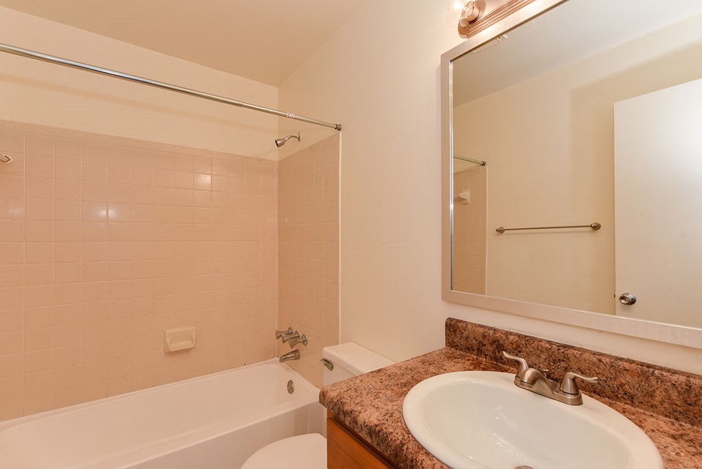 a bathroom with a sink and a tub and a mirror