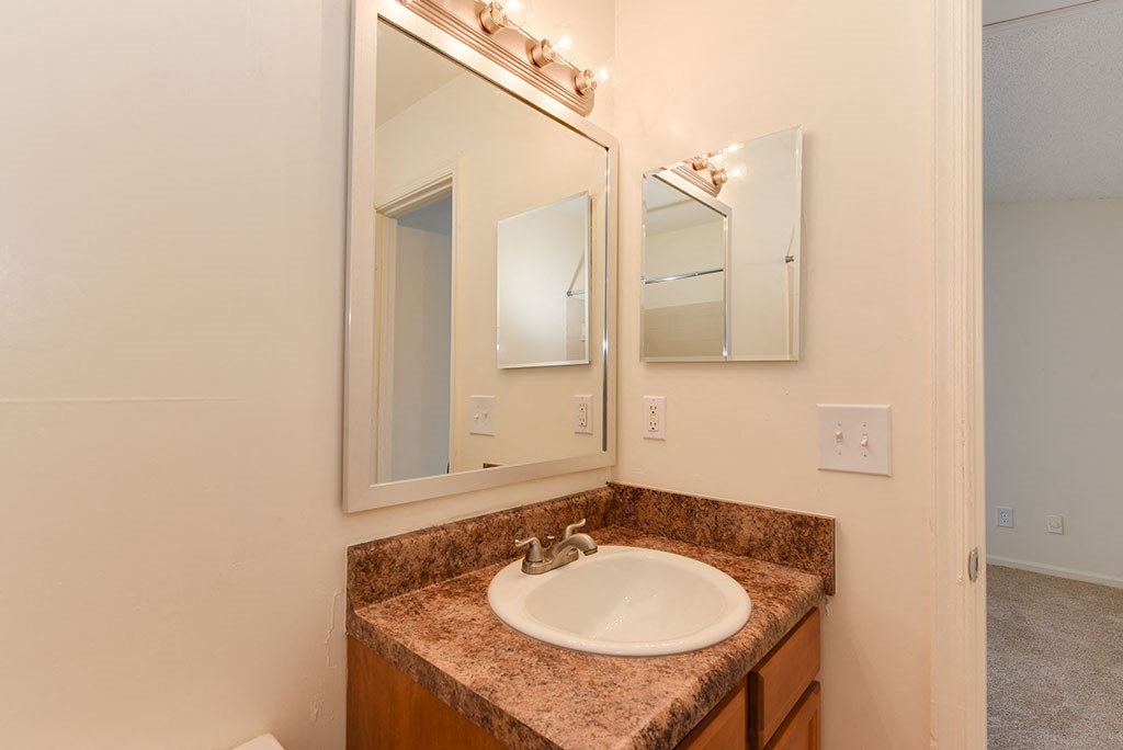 a bathroom with a sink and a mirror