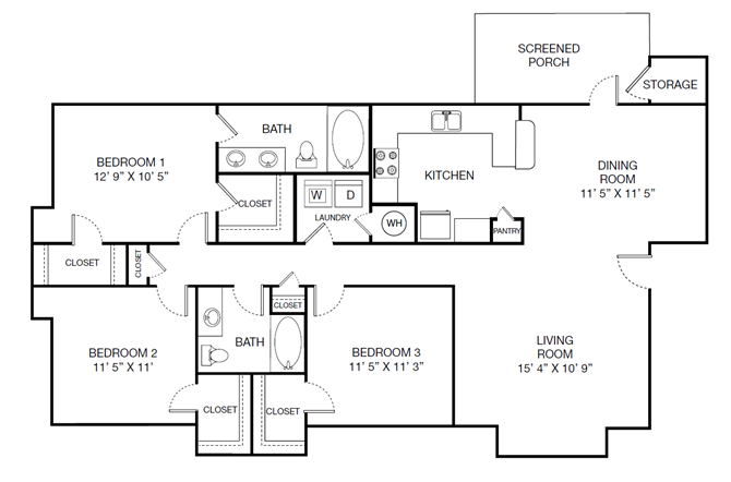 Harbor Creek Traditional C Floor Plan 3 Bedroom 2 Bath