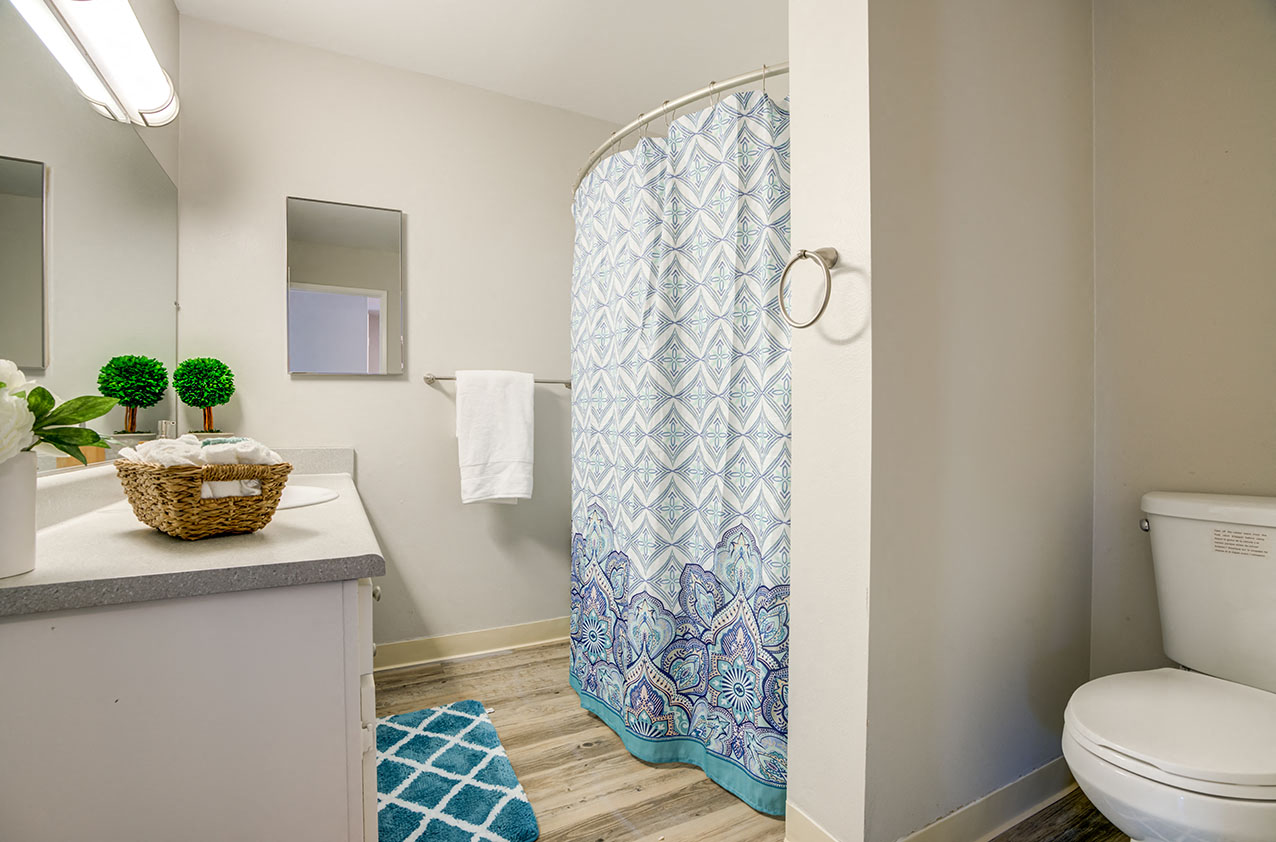 Bella Vista Apartments in Napa l bathroom shower and vanity