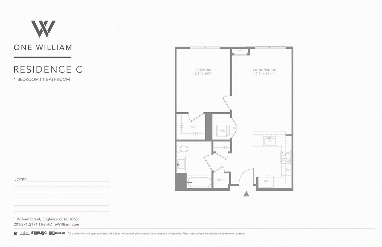 one william, englewood nj, luxury apartments, greater nyc area, floor plan, 1 bedroom apartment