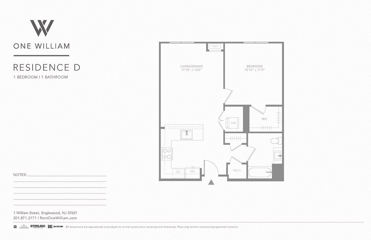 one william, englewood nj, luxury apartments, greater nyc area, floor plan, 1 bedroom apartment