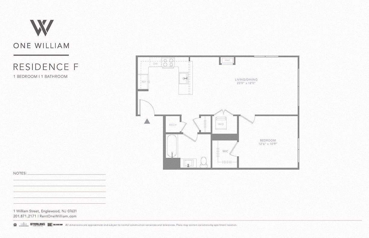 one william, englewood nj, luxury apartments, greater nyc area, floor plan, 1 bedroom apartment