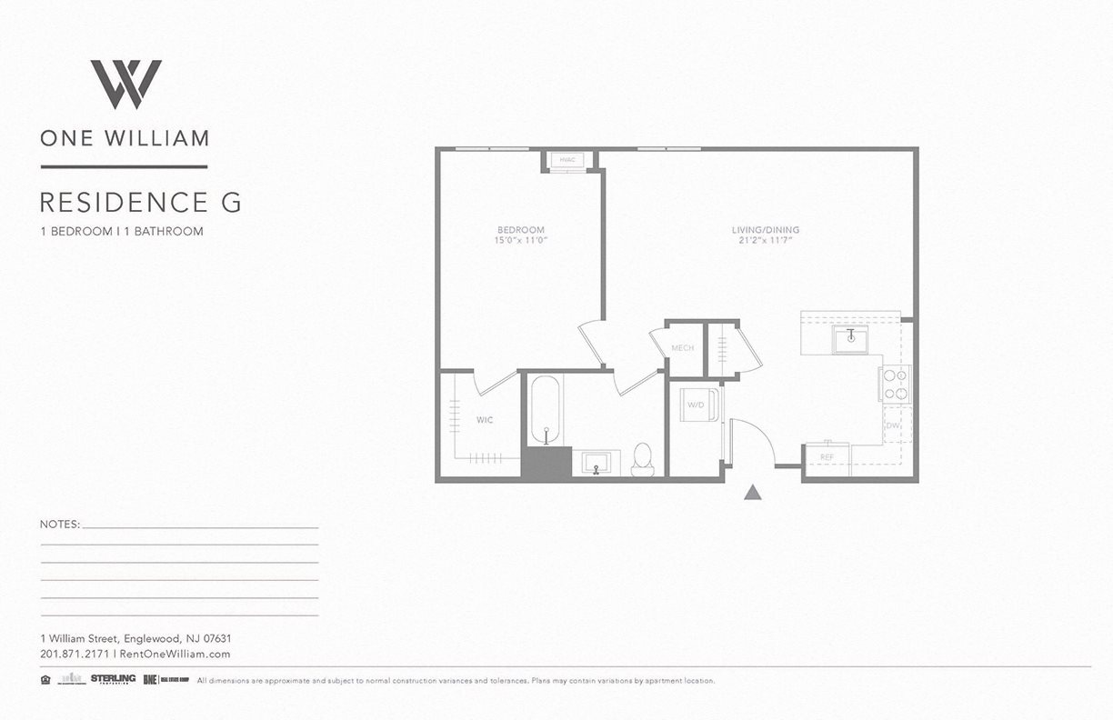 one william, englewood nj, luxury apartments, greater nyc area, floor plan, 1 bedroom apartment
