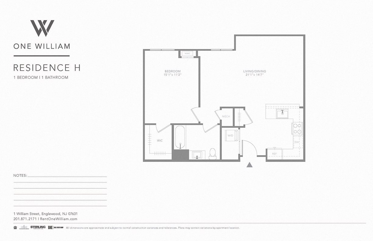 one william, englewood nj, luxury apartments, greater nyc area, floor plan, 1 bedroom apartment