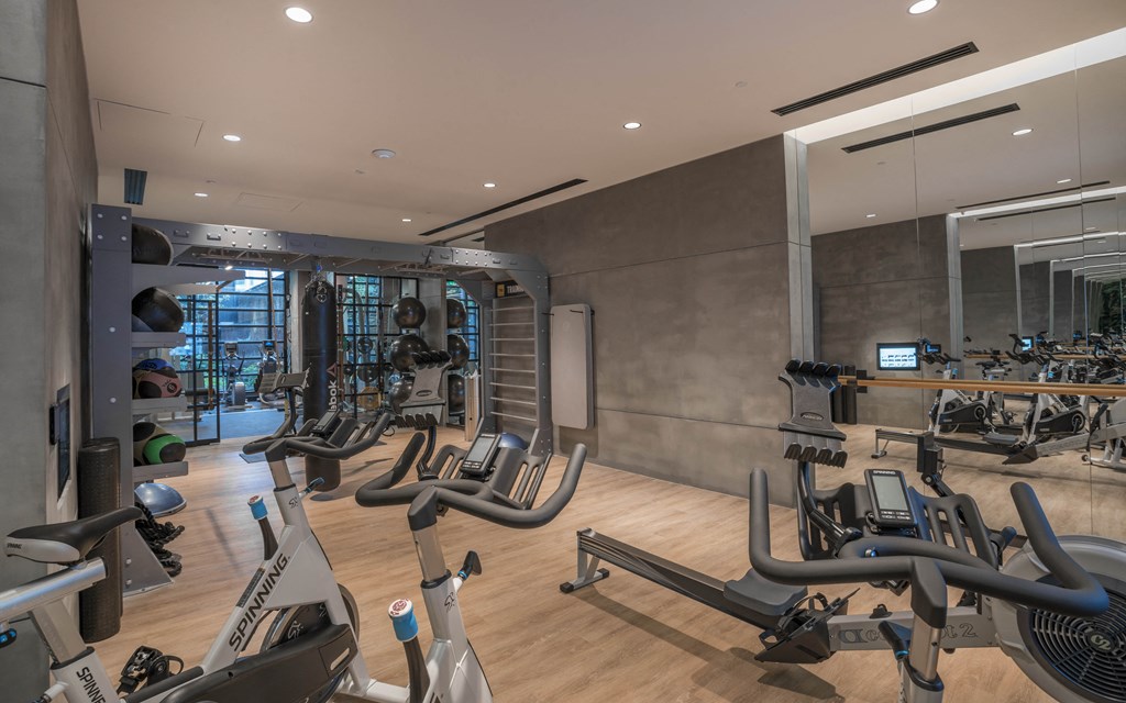 a gym with treadmills and other exercise equipment