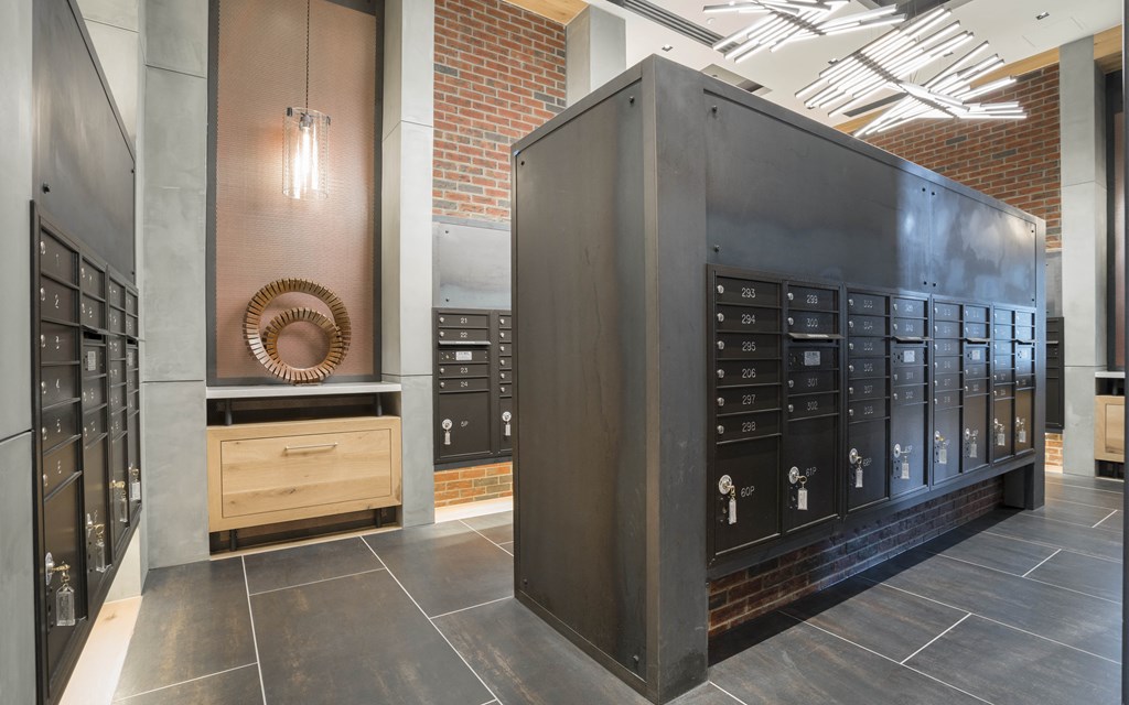 a large locker room with a large black vaulted chest of drawers