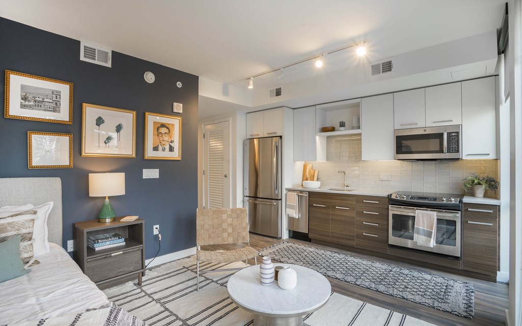 a living room with a couch and a table