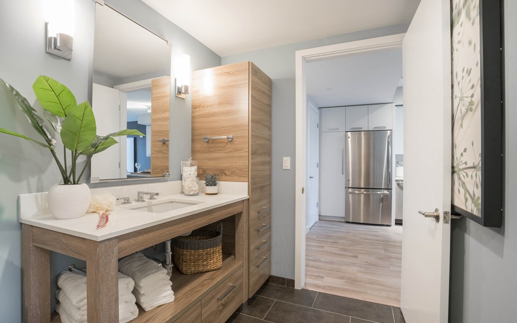 a bathroom with a sink and a mirror and a refrigerator