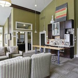 a living room with a kitchen and a couch