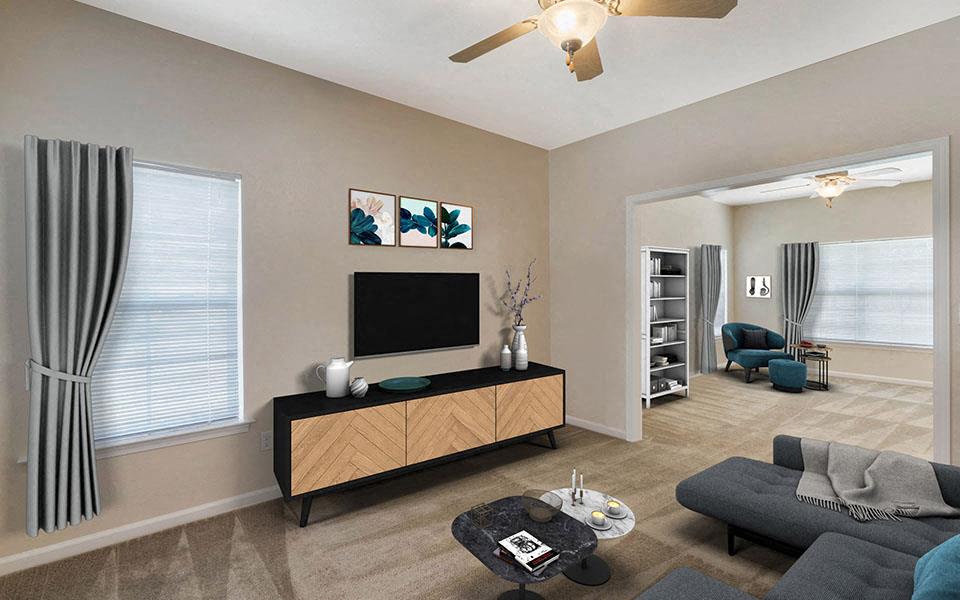 a living room with a couch and a television