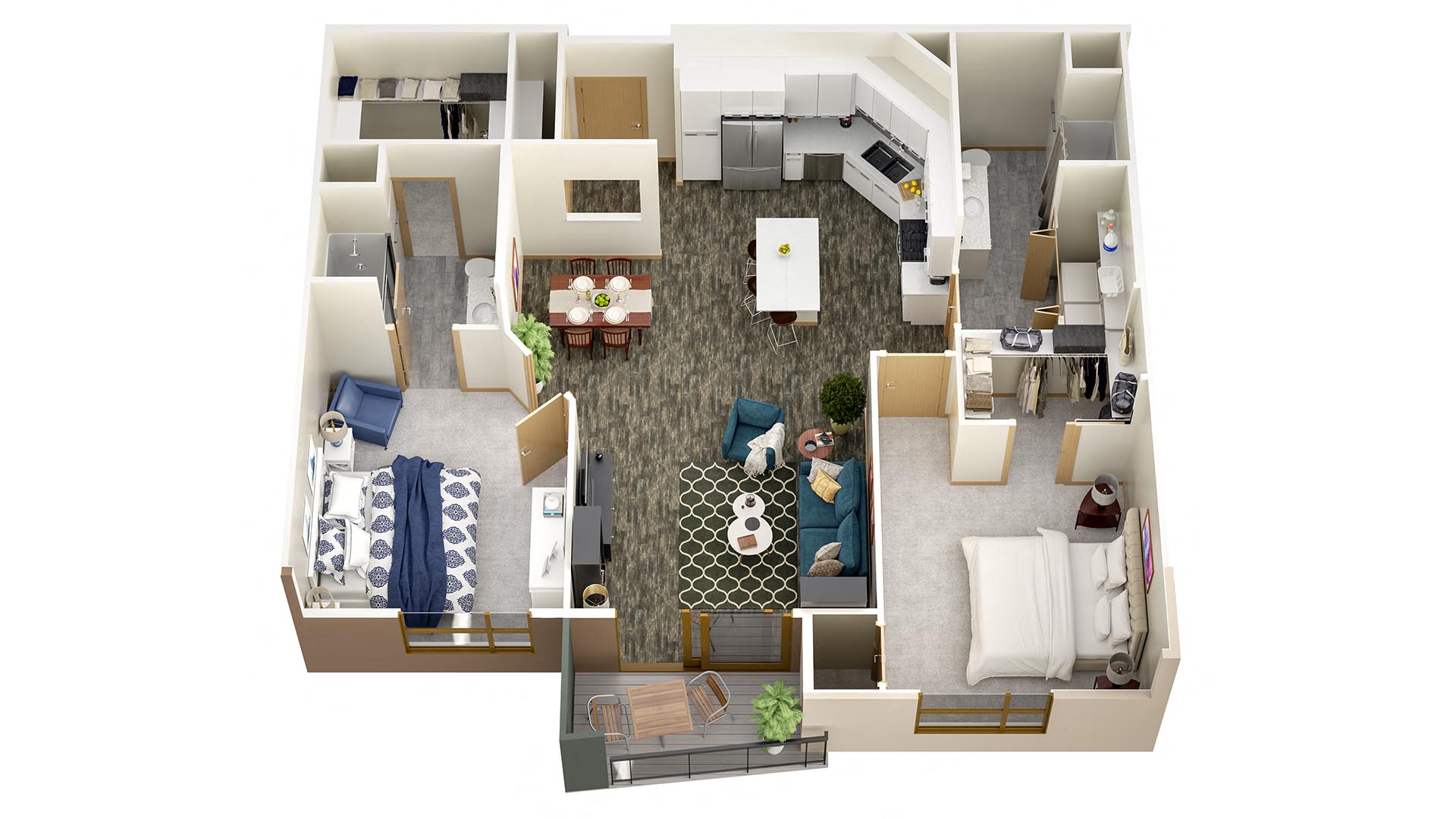 3d floor plan of a living room and dining room