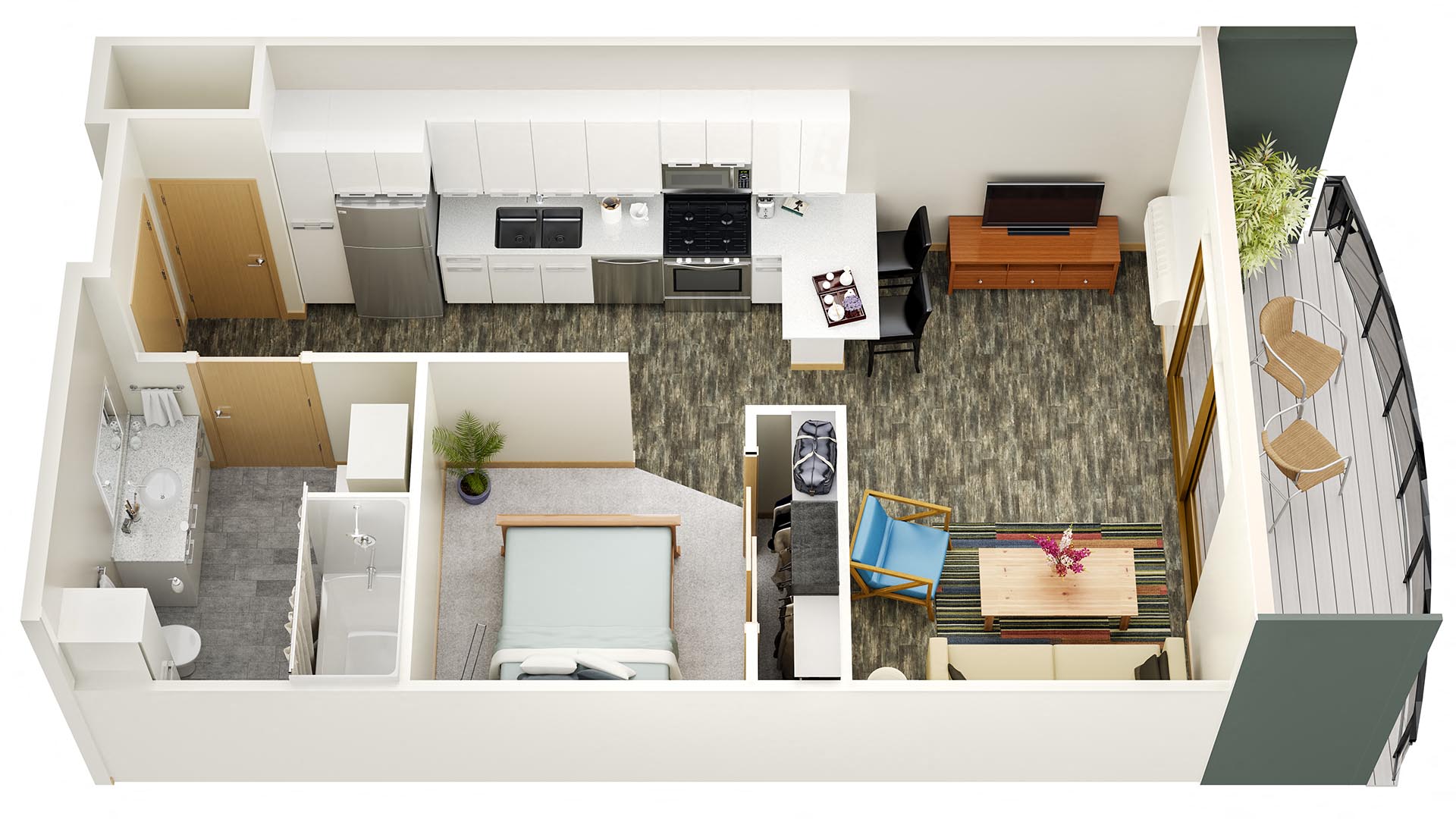 a 3d rendering of a kitchen and living room with an open floor plan