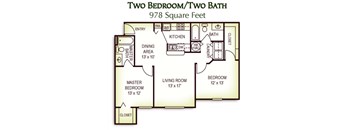 2 Bedroom 2 Bath Floor Plan, 978 Square Feet 
