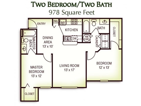 2 Bedroom 2 Bath Floor Plan, 978 Square Feet 