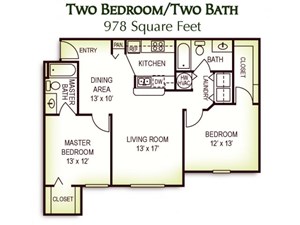 Floorplan Photos Gallery 2 Bedroom 2 Bath Floor Plan, 978 Square Feet