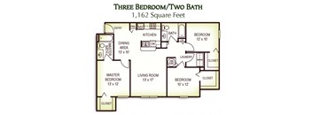 3 Bedroom 2 Bath Floor Plan, 1,162 Square Feet 