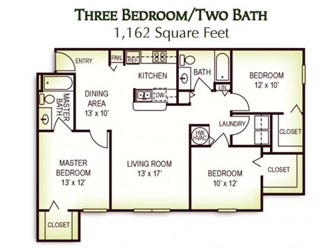3 Bedroom 2 Bath Floor Plan, 1,162 Square Feet 