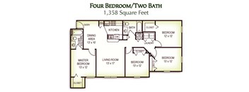 4 Bedroom 2 Bath Floor Plan, 1,358 Square Feet 