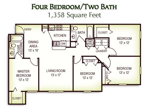 4 Bedroom 2 Bath Floor Plan, 1,358 Square Feet 
