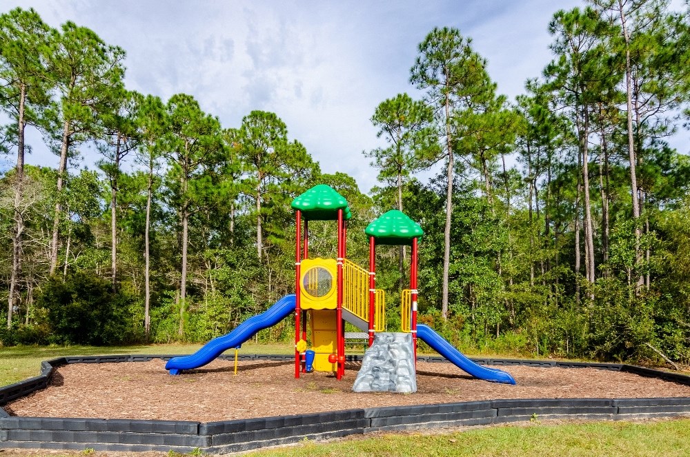 a playground at a park with trees in the background