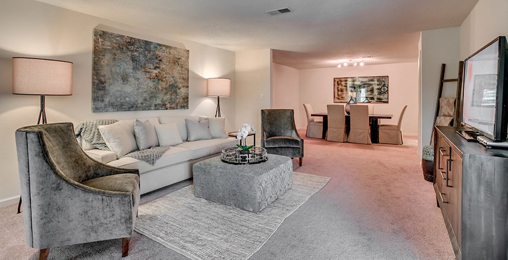 a living room with a couch and chairs and a tv