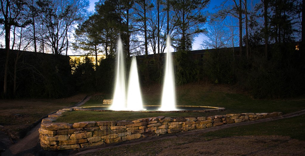 a fountain in a park at night
