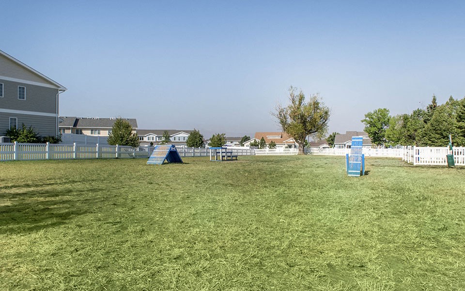 a playground in a large grassy field with houses in the background