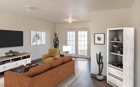 a living room with a couch and a tv