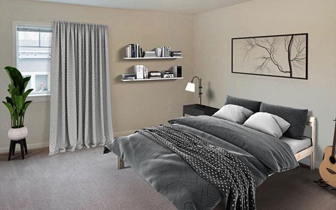 a bedroom with a bed and a guitar in it