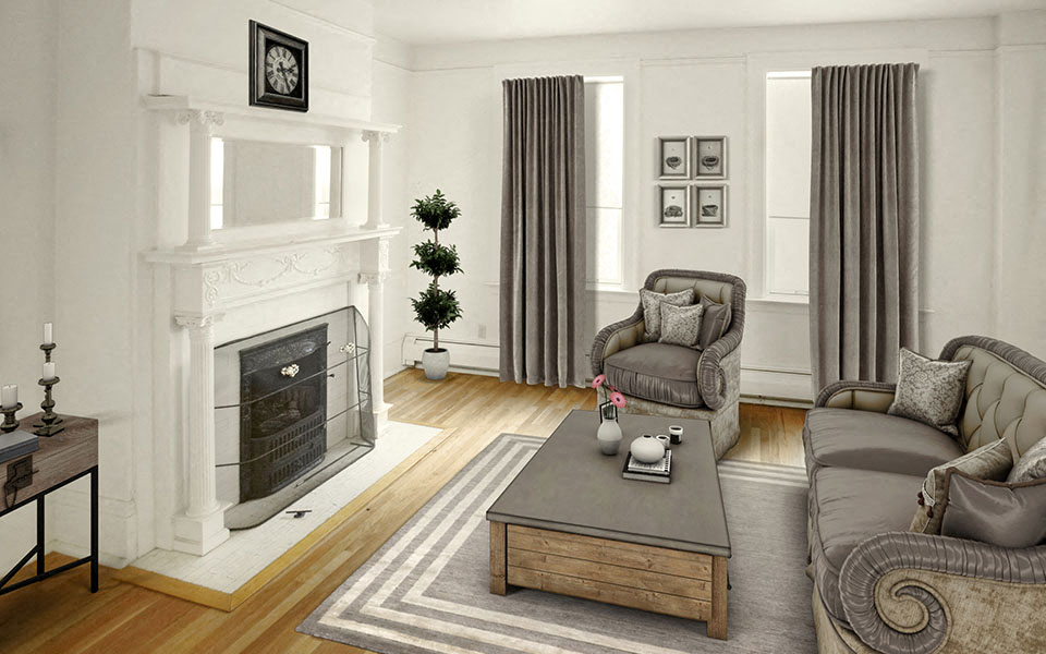 a living room with a couch and a table and a fireplace