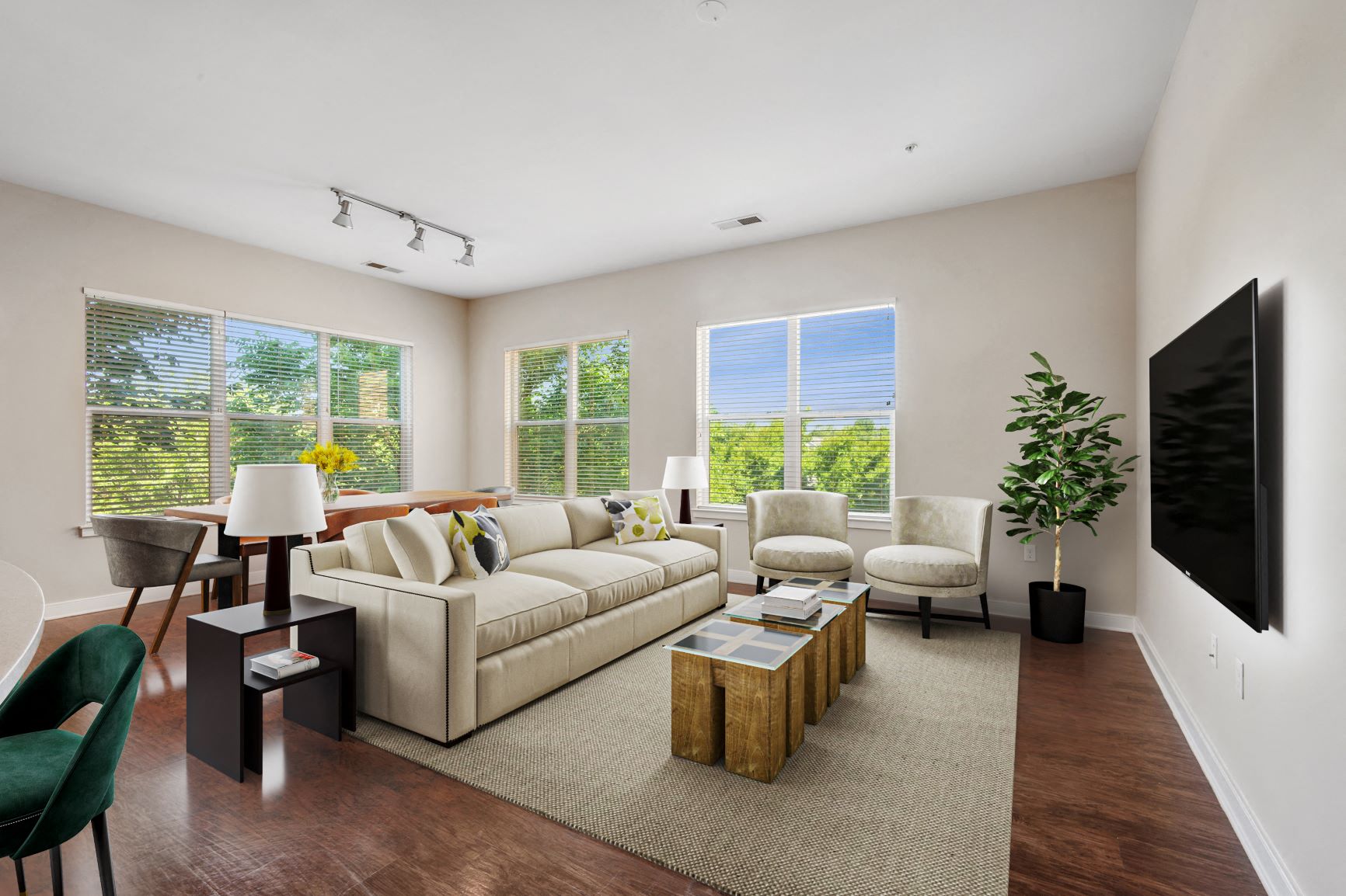 a living room with a white couch and a tv
