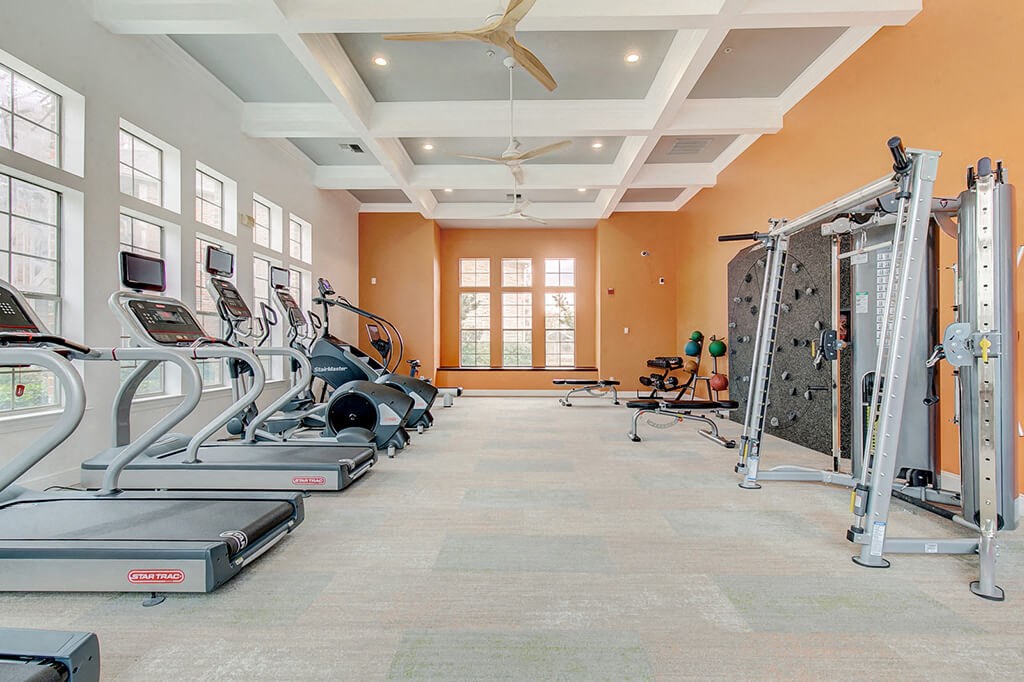 the gym has cardio equipment and weights in it