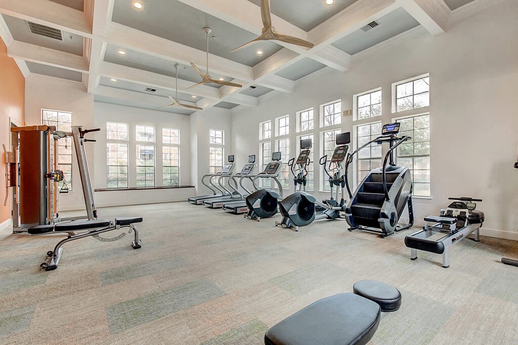 the gym has plenty of exercise equipment and windows