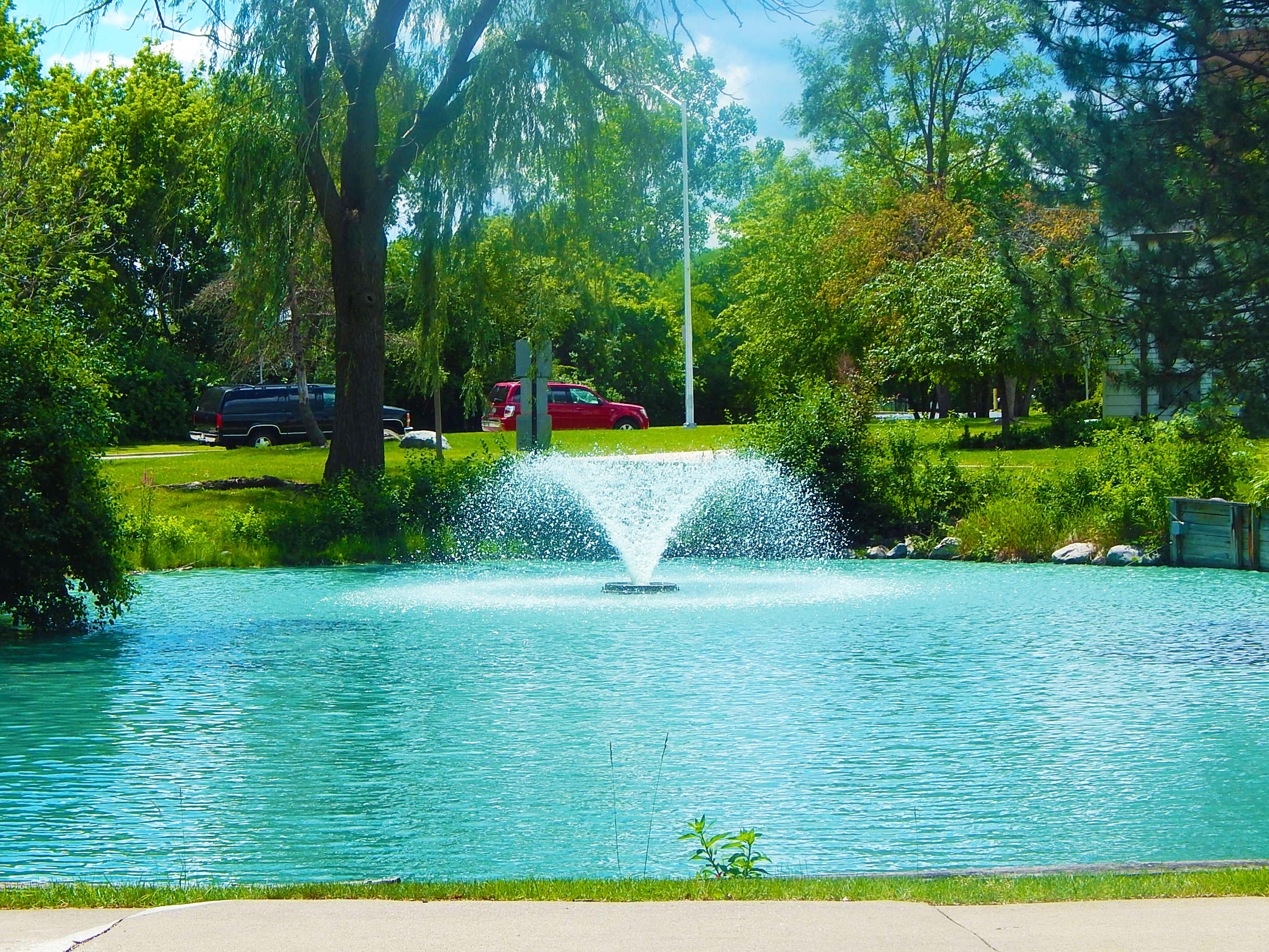 a fountain in the middle of a pond