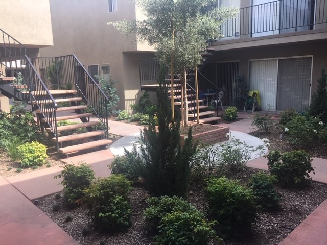 a courtyard with stairs and landscaping in front of a building