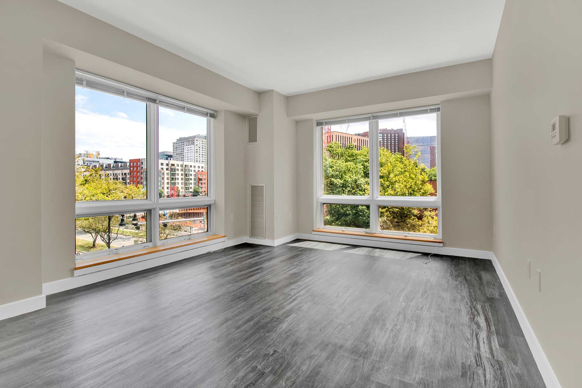 modern plank flooring and oversized windows