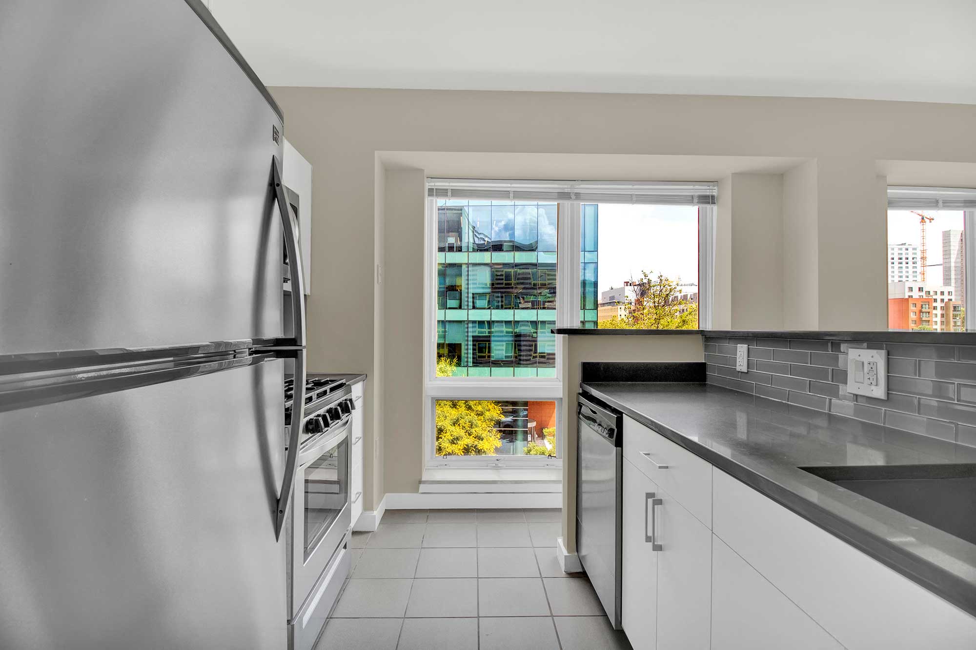 Kitchen with street and skyline views